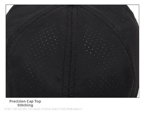 Detail of multi-panel stitching and breathable laser-cut mesh on a black baseball cap