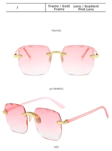 Three-angle view of rimless square sunglasses with gold frame and pink gradient lenses