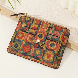 Slim cork card holder with colorful concentric patterns and multi-slot detail