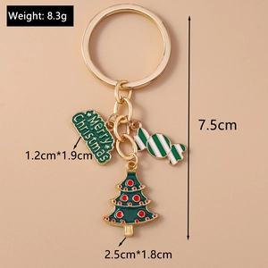 Detailed view of Christmas keychain with enamel tree candy charms and size measurements