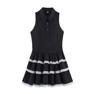 Robe Courte Sans Manches Gothique Pour Femmes Jupe À Étages Avec Bordure En Dentelle Blanche Tricot Côtelé Col À Revers Style Preppy