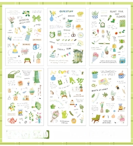 Detail view of 6 waterproof PET sticker sheets with floral and botanical designs for journaling
