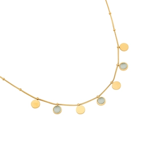 Collier élégant plaqué or avec pierre œil de chat, disques géométriques et pendentifs bleus