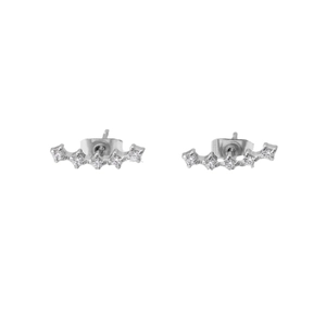 Elegant curved silver stainless steel stud earrings with five sparkling cubic zirconia stones
