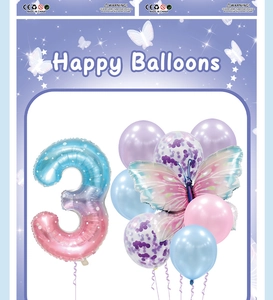 Detail of blue purple butterfly and number 3 foil balloon set with colorful latex balloons