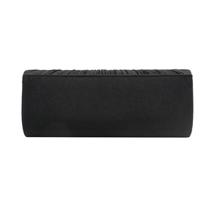 Side profile of a black pleated satin evening clutch bag with elegant ruched texture