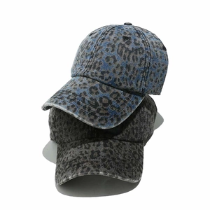 Washed leopard print baseball caps for couples in blue and dark grey denim finish