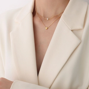 Elegant 18k gold plated double layer necklace with pearl and star pendants for women