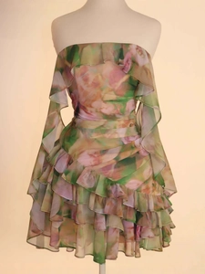Floral chiffon strapless A-line dress with ruffled layers and flowing cape sleeves
