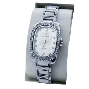 Silver oval quartz watch with rhinestone bezel on a professional display stand