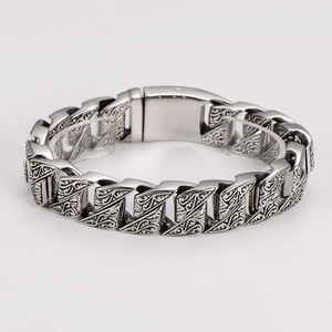 Men's retro stainless steel Cuban bracelet with vintage engraved patterns and square clasp