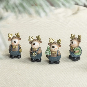 Set of four resin Christmas reindeer figurines with blue overalls for festive tabletop decor