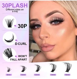 Detail view of 30P D-curl individual lashes with 8-16mm lengths for a voluminous look