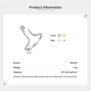 S925 Sterling Silver Snake Ring with white zirconia and green gemstone eyes for women