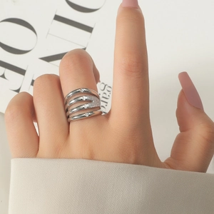 Fashionable four-layer silver ring with micro-paved zircons and polished finish