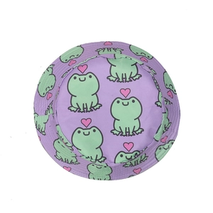Cute purple frog bucket hat with heart pattern for women sun protection in summer
