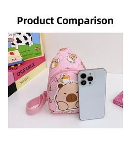 Pink cartoon capybara chest bag for kids compared with a smartphone to show compact size