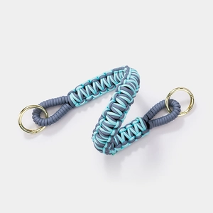 Handmade woven flat knot bag strap in light blue and dark grey with golden O-rings