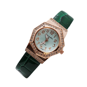 Women's quartz watch with octagonal rose gold diamond case and green leather strap