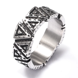 Nordic viking vintage silver titanium steel ring with embossed triangular patterns