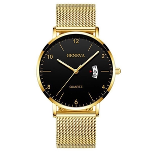 Classic Geneva business men's gold quartz watch with black dial and mesh strap