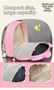 Detail of pink toddler backpack showing large storage space and breathable mesh pockets