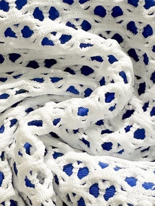 Detailed macro view of white lace fabric with intricate crochet floral mesh patterns