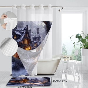 Detail of waterproof Christmas shower curtain with winter lodge pattern and matching bath mat