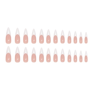 French tip press on nails in creamy white and nude pink with long almond shape, 24 pieces