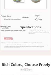Detail specifications of colorful acrylic cat beads for DIY handmade jewelry crafts