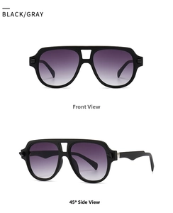 Front and side macro view of black pilot sunglasses with purple-grey gradient lenses