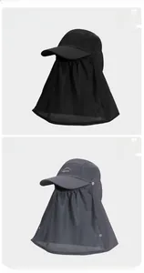 Detail of outdoor sun hats with removable neck flaps and mesh face covers for cooling