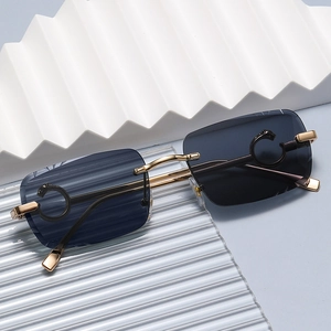 Detalle de gafas de sol grises sin montura con patillas doradas y logo de pantera real