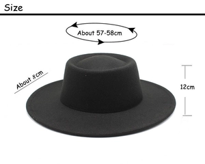 Detailed dimensions of the black wool fedora showing 57-58cm circumference and 8cm wide brim