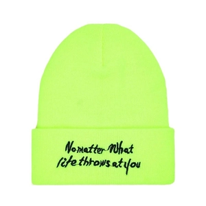 Neon green knitted beanie with No Matter What Life Throws At You black embroidery