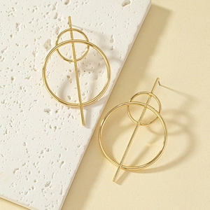 Geometric Double Circle Stud Earrings Gold Plated Alloy Vertical Bar Statement Jewelry For Women Modern