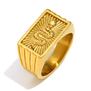 18K gold plated stainless steel signet ring featuring a rectangular snake relief carving