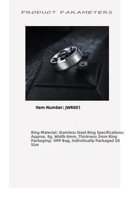 Detail view of 8mm brushed stainless steel wedding ring with precise size parameters