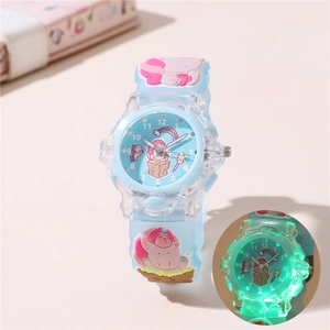 Kids luminous sky blue unicorn quartz watch with soft silicone strap and LED night light