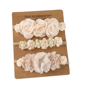 Lot de 3 bandeaux bébé en nylon beige avec fleurs en tissu et perles élégantes