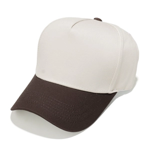 Detail of high-density cotton canvas baseball cap with neat stitching on dark brown brim