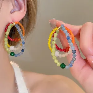 Three-layer colorful natural stone beaded hoop earrings for women with gold accents