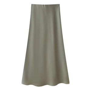 Detailed view of olive green midi skirt with a smooth satin texture and elegant drape