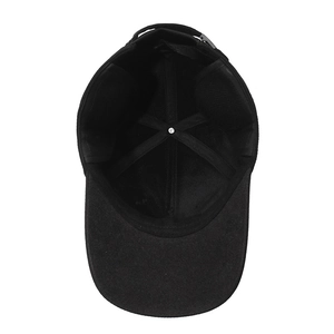 Inside view of black wool baseball cap with six-panel construction and size L tag
