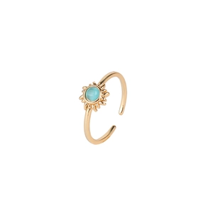 Adjustable sunburst gold ring for women with light blue gemstone centerpiece