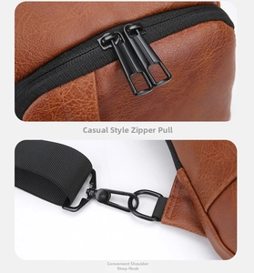 Detail of dark brown lychee leather texture with dual black metal zippers and hooks
