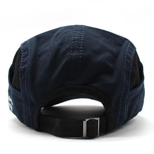 Navy blue five-panel camper hat featuring side mesh panels and adjustable metal buckle