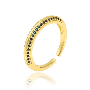 Adjustable 18K gold plated copper ring with a row of blue cubic zirconia stones