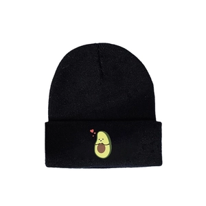 Fashionable black knit beanie with cartoon avocado and heart embroidery for men and women