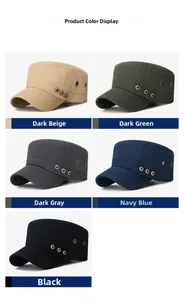 Flat top military caps in five colors with side metal eyelets and canvas texture